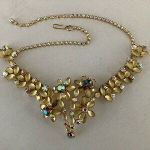Vtg 1960s JULIANA frosted yellow/blue rhinestone crystal  flowers necklace